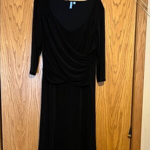 Elegant Black Long-Sleeve Draped V-Neck Midi Dress
